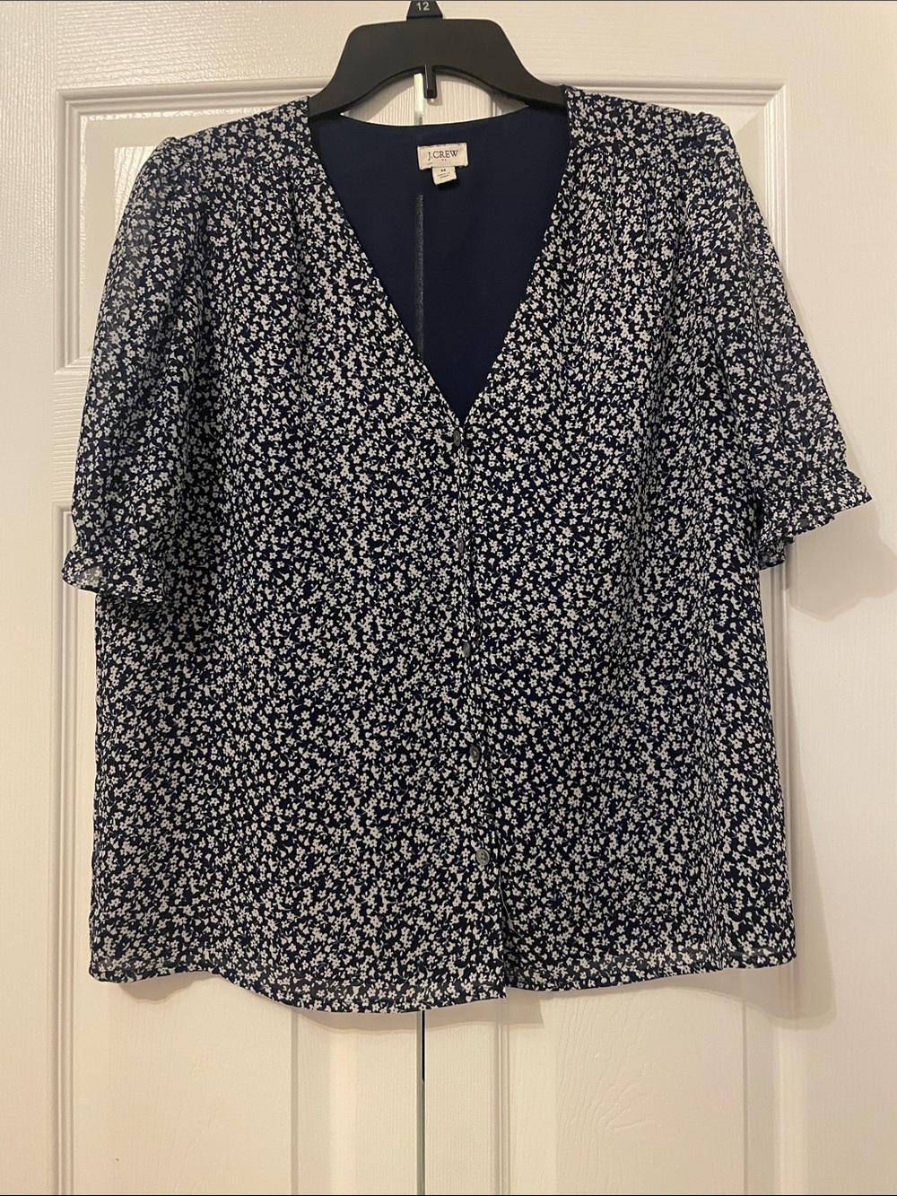 J. Crew Navy and White Floral V-Neck Blouse